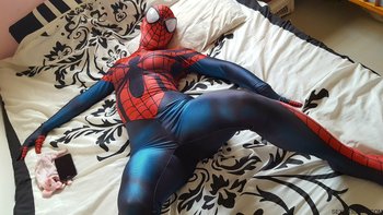 Gorgeous chick posing dressed as a Spiderman in the bedroom - 000006