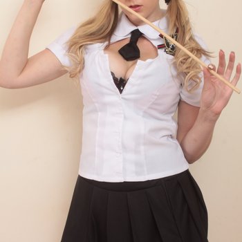 Busty schoolgirl Sapphire Blue strips her lingerie and fingers her pussy