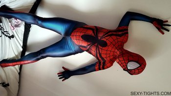 Gorgeous chick posing dressed as a Spiderman in the bedroom - 000010