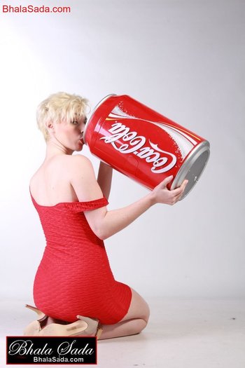 Smoking hot blonde girl loves posing with a big coke can - 000007