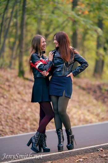 Hot Jeny Smith and her friend posing in pantyhose outdoors - 000001
