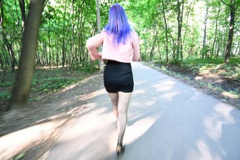 Girl with blue hair Ann Darcy walking around in a short skirt outdoors - 000000