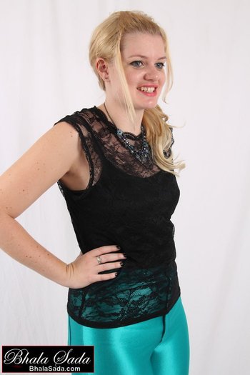 Cute blonde Girl models in tight turquoise Pants - Bhala-Sada-tights(10)