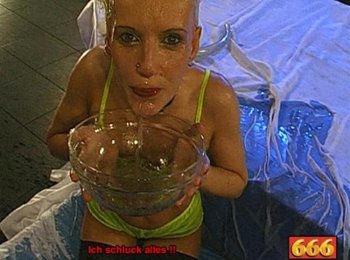 Nasty hot slut drinking on piss and cum on bukkake session