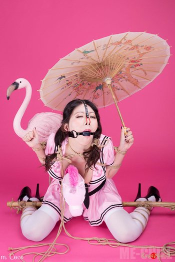 Asian chick with pigtails wearing pink costume - Club-Rope-Marks-Asian (14)