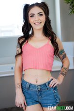 Sex in the bedroom with pale babe Tiny Rhea with cute pigtails — 1