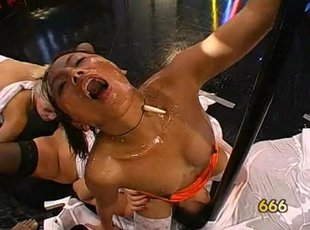 Three naughty Girls get sprayed with fresh Jizz — 3