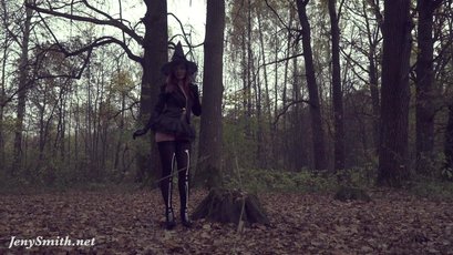 Jeny Smith wearing hot witch costume in the woods — 1