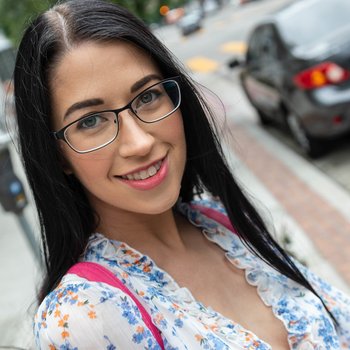 Skinny slut Alex Coal with glasses sucks a dick and rides in POV