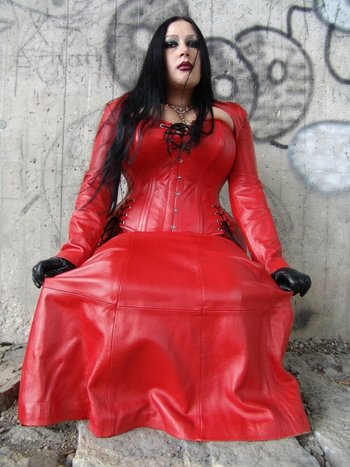 Babe with massive melons wearing red leather dress - Dirty-Angelina-Leather-Dress (2)