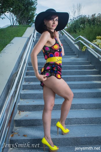 Beautiful girl Jeny Smith posing in yellow high heels outdoors - 000004