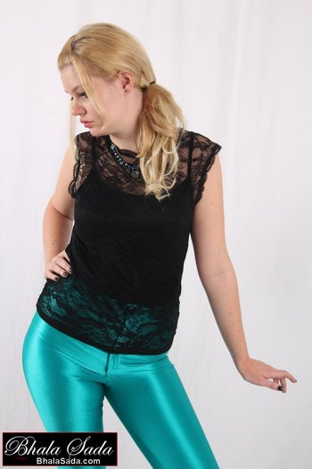 Cute blonde Girl models in tight turquoise Pants - Bhala-Sada-tights(13)