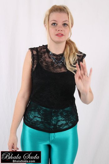 Cute blonde Girl models in tight turquoise Pants - Bhala-Sada-tights(1)