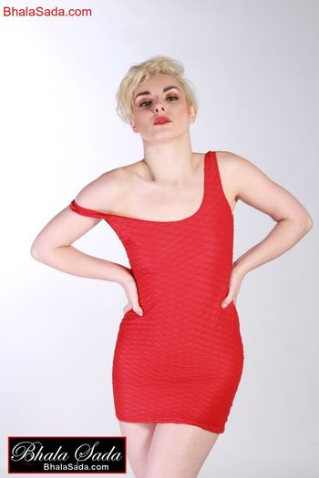 Stunning blonde babe posing erotically in a red dress - 000013