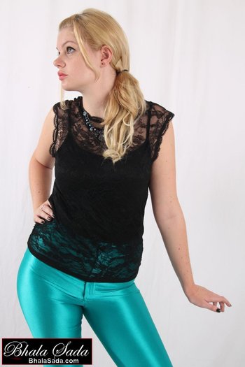Cute blonde Girl models in tight turquoise Pants - Bhala-Sada-tights(14)